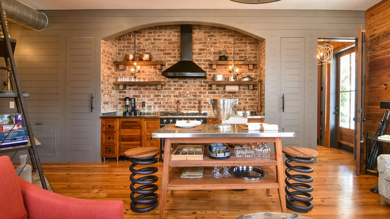 kitchen with brick backsplash