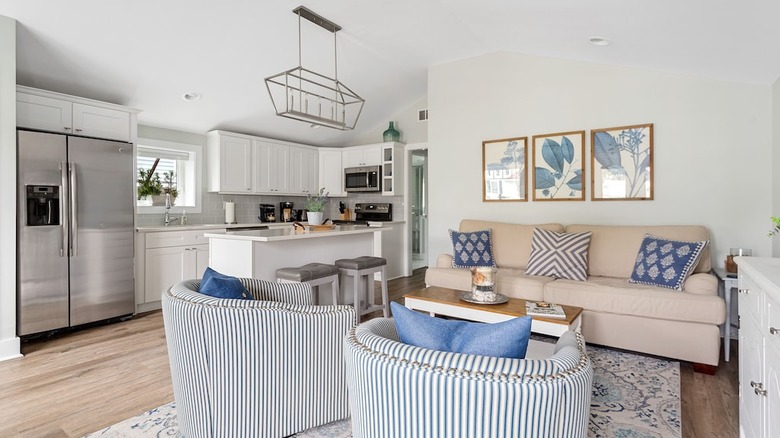 white and blue living room