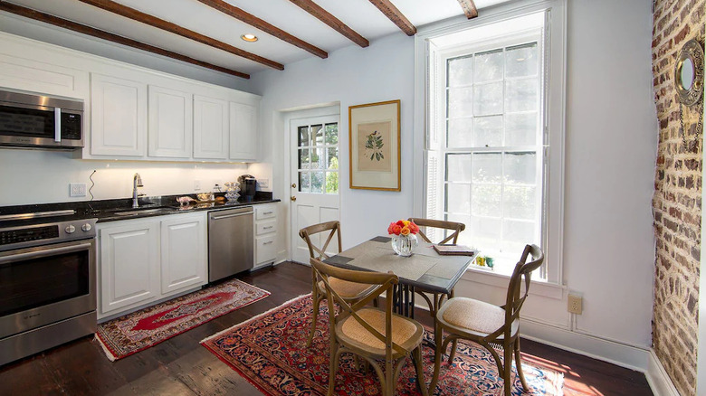 kitchen with brick wall