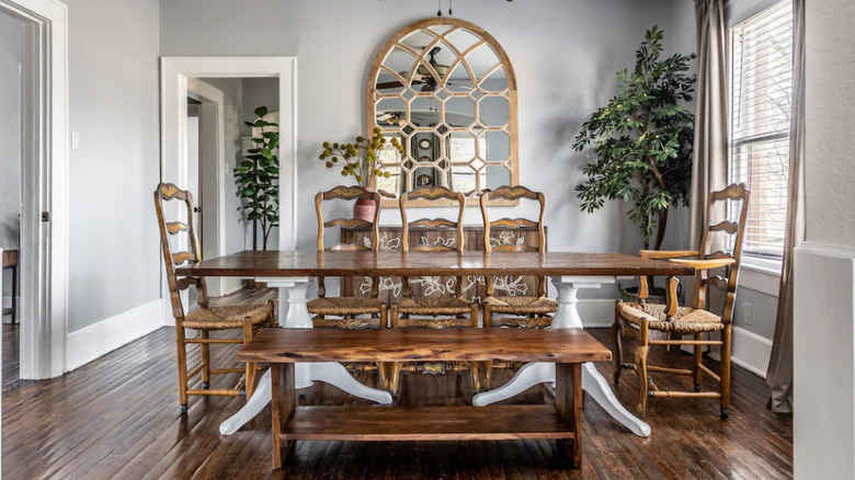 bohemian dining room with bench