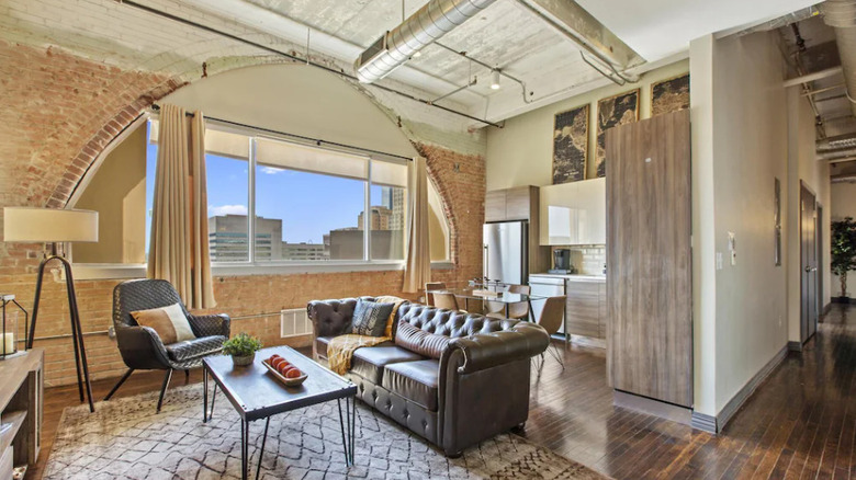 industrial living room with brick walls 