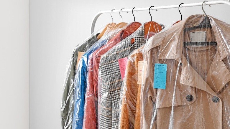 Dry cleaning items in a closet