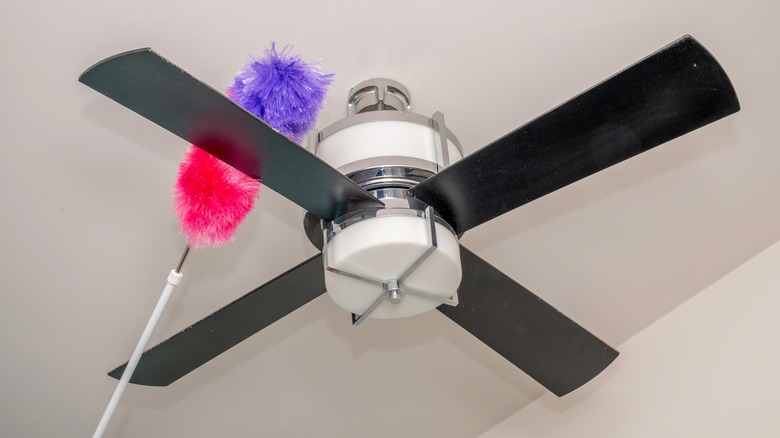 person dusting ceiling fan