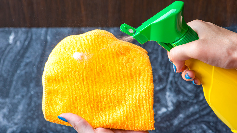 women spraying cleaner on towel
