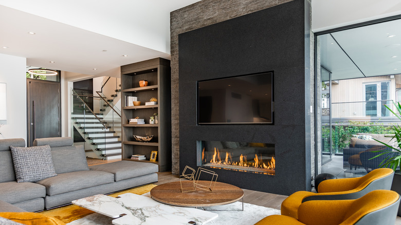 modern living room with slate fireplace