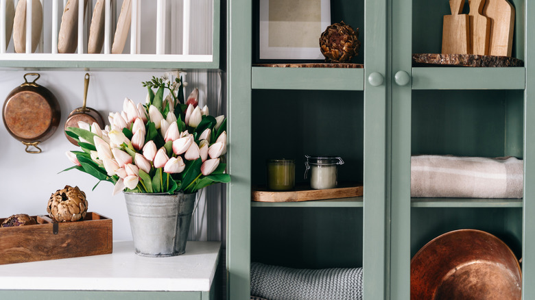 green cabinet with glass doors