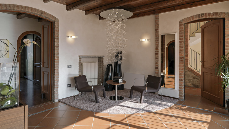 living room with terracotta floor