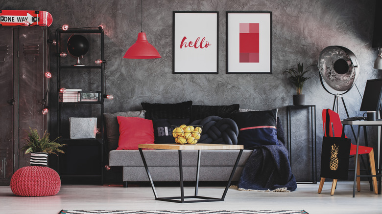 gray, black, and red living room