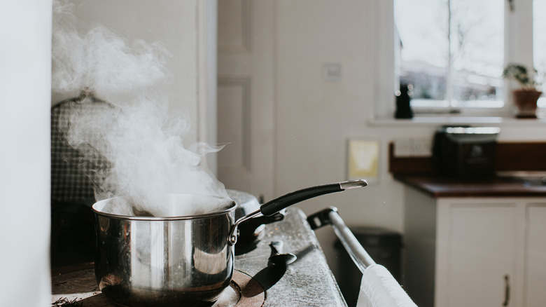 Steam from pot floating up toward the kitchen cabinets