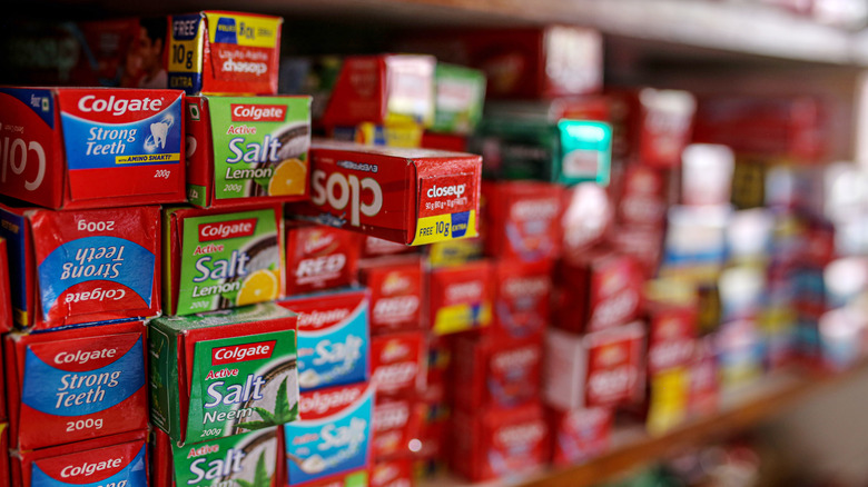 toothpaste on a shelf