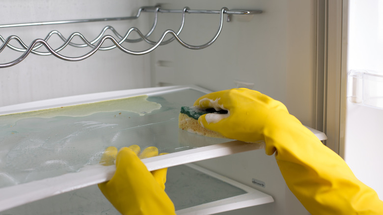 person cleaning fridge