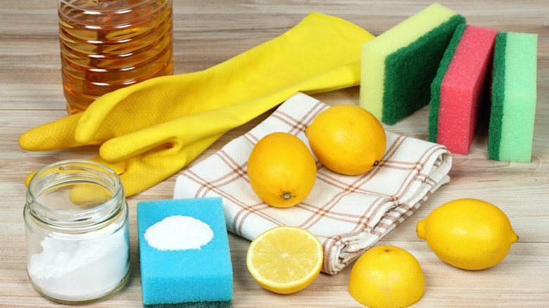 Gloves and natural cleaning supplies