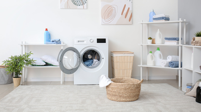 multiple shelves in laundry room