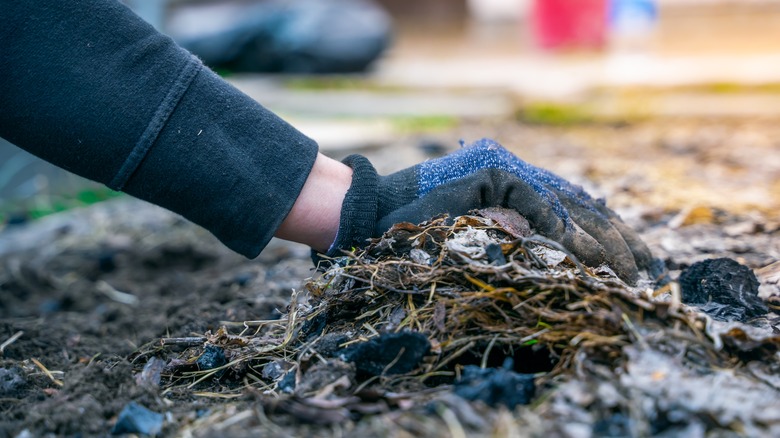 A gardener's hand spreads mulch on an empty garden bed.