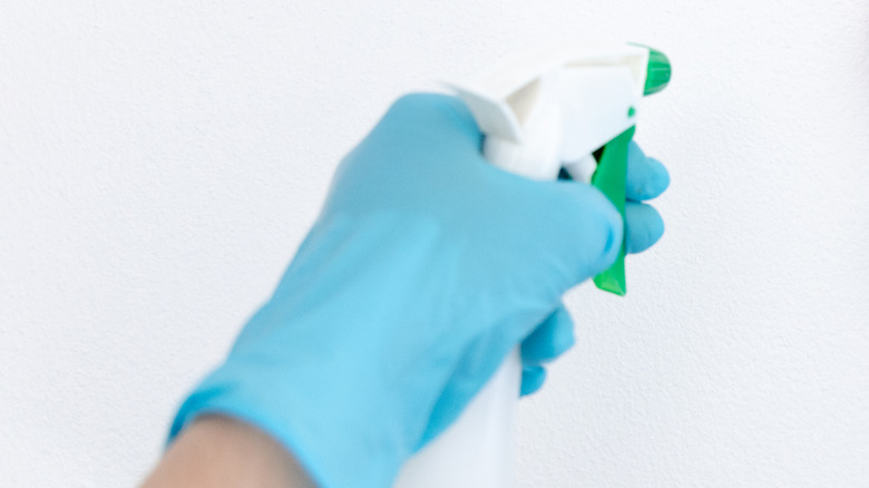 Hand pointing sprayer to wall
