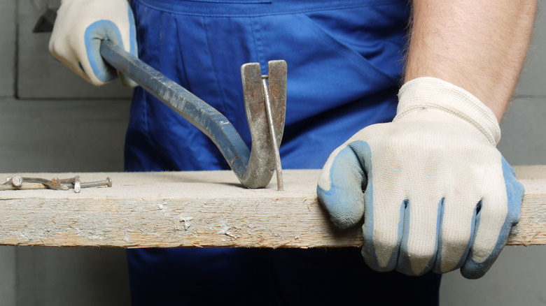 Man removing a nail from an old piece of wood.