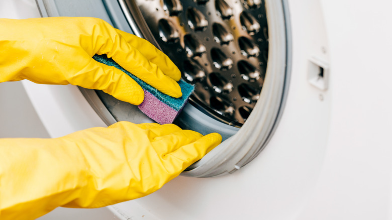 Gloved hands cleaning washing machine