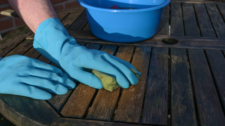 Hands washing infested wood surface