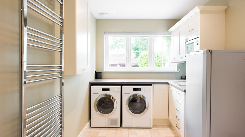 A bright but cramped laundry room