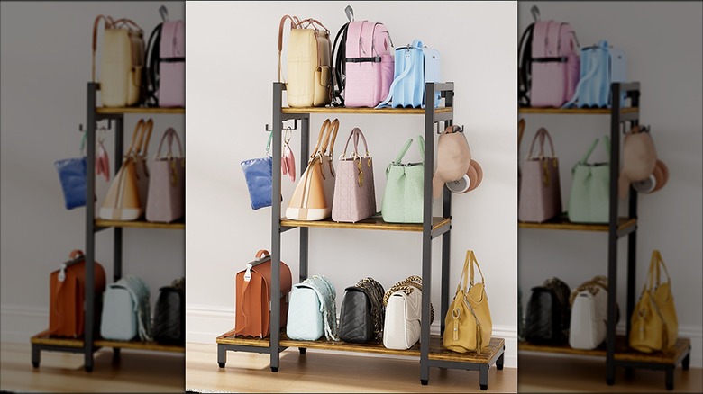 A three-tier shelf filled with handbags