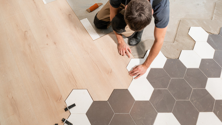 combination of wood and tile flooring