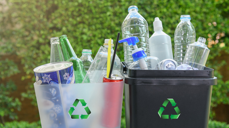 recycling bins with plastic bottles