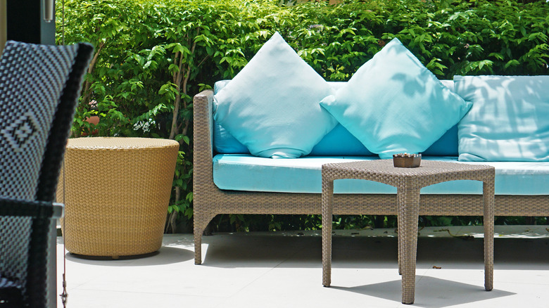 Turquoise bench cushions and pillows