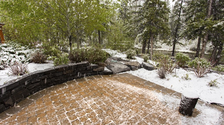 Patio with dusting of snow on it