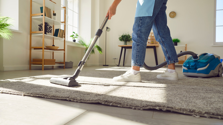 Person cleans their grey carpet with a DIY carpet cleaning solution and machine