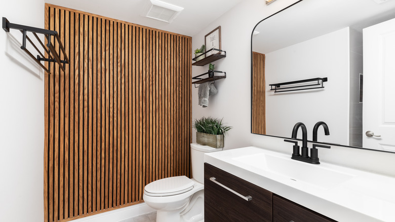 Bathroom with a wood accent wall, toilet, sink, mirror and plants