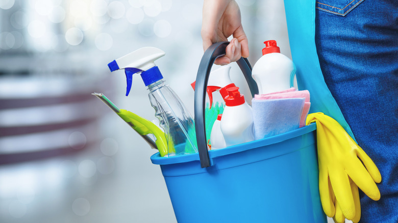 Woman carrying bucket of cleaning supplies