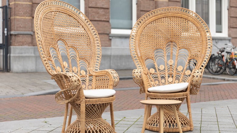 two peacock chairs outside