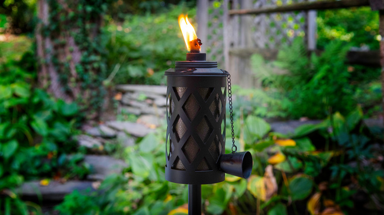 citronella candle burning in yard