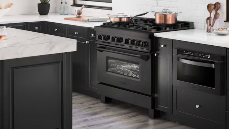 Kitchen with black cabinets, marble countertops, and matte black appliances