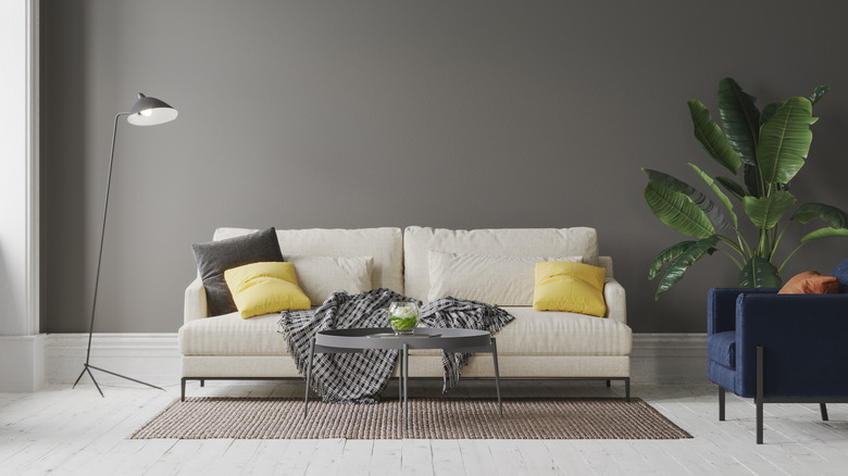 Gray wall with white sofa