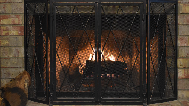 A fireplace screen while installed