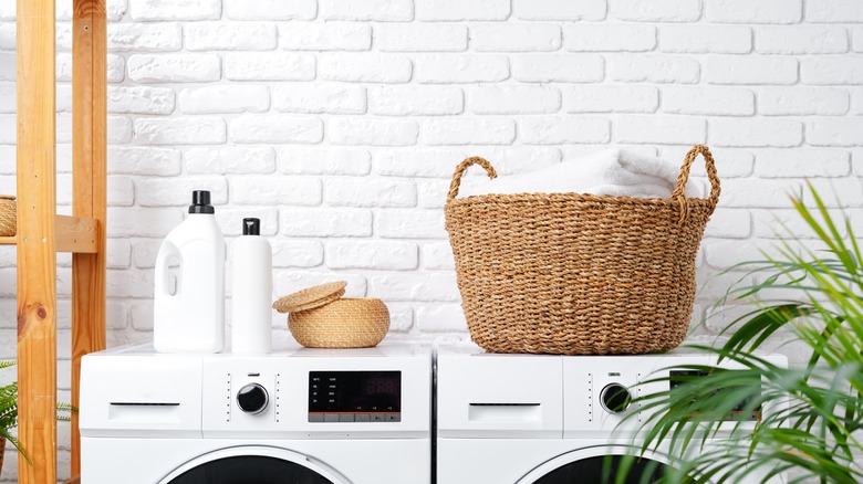 Detergent bottles and basket propped on a washer and dryer.