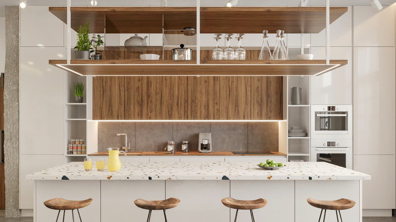 wooden shelving above kitchen island