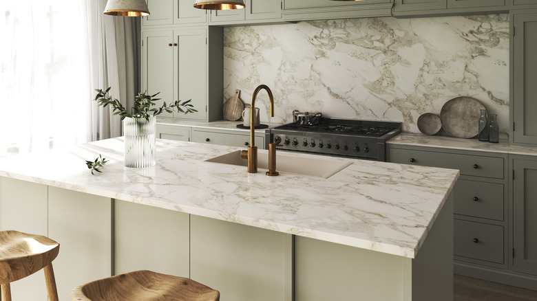 Marble countertops in kitchen