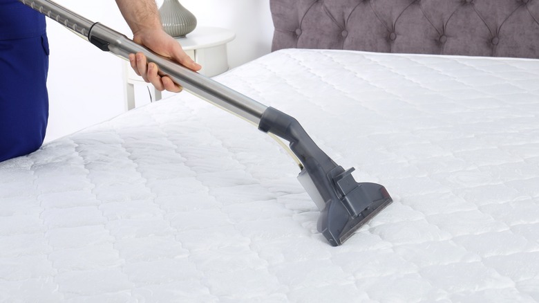 Vacuuming white mattress