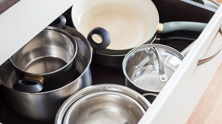 Pots and pans in drawer