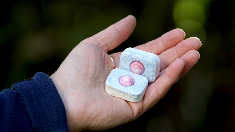 Woman holds dishwasher tabs