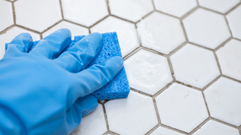 Brush scrubs tile grout