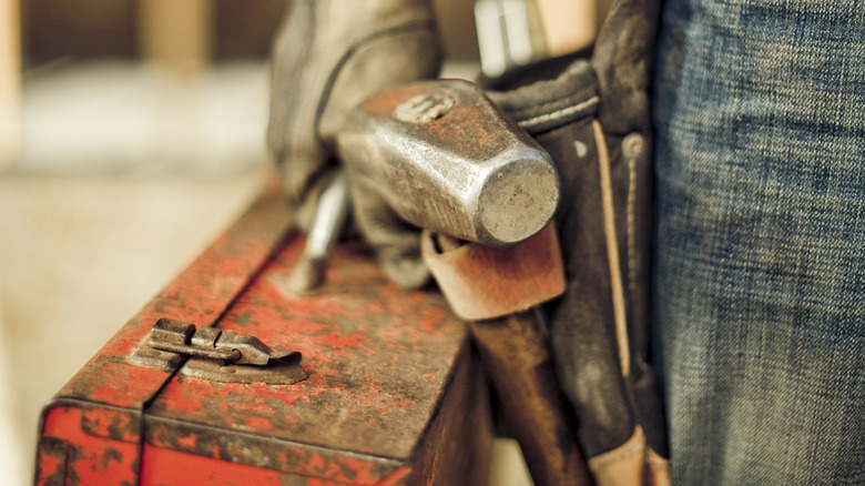 close-up of person carrying toolbox