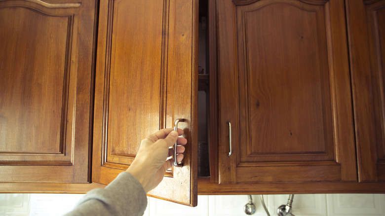 hand opening up cabinets