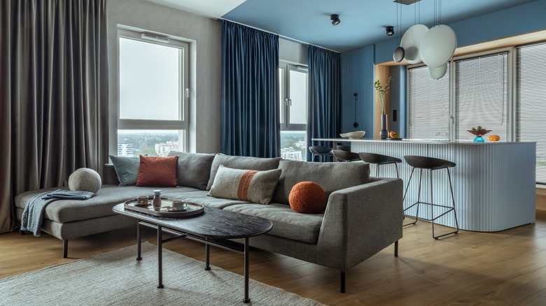 Apartment living room with gray furniture and blue curtains