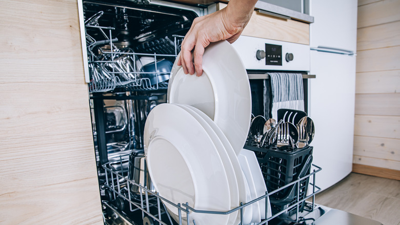 person unloading dishwasher blonde cabinets