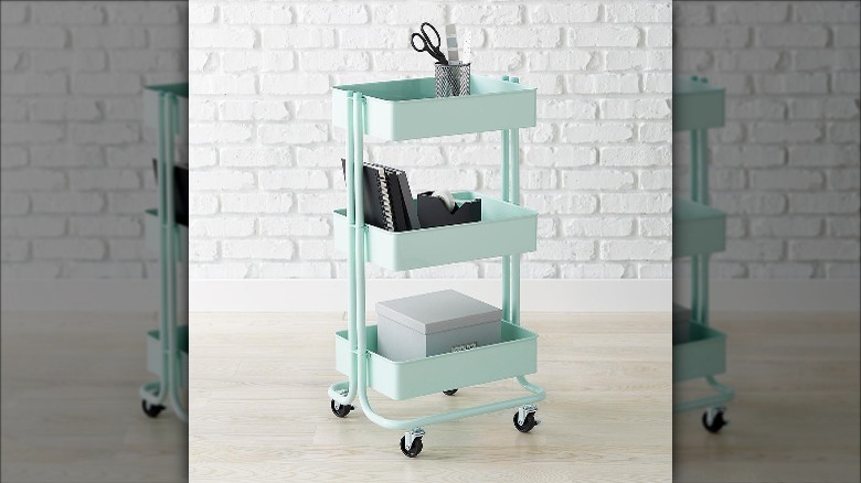 office supplies on rolling cart