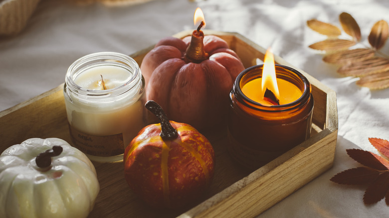 fall decor items on tray