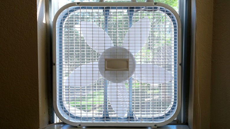 white box fan in window